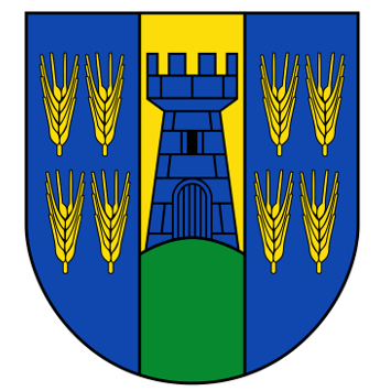Ein Wappen mit einem blau-gelben Schild, auf dem sich ein blauer Turm und sechs Weizenähren auf jeder Seite des Turms befinden.