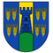 Ein Wappen mit einem blau-gelben Schild, auf dem sich ein blauer Turm und sechs Weizenähren auf jeder Seite des Turms befinden.