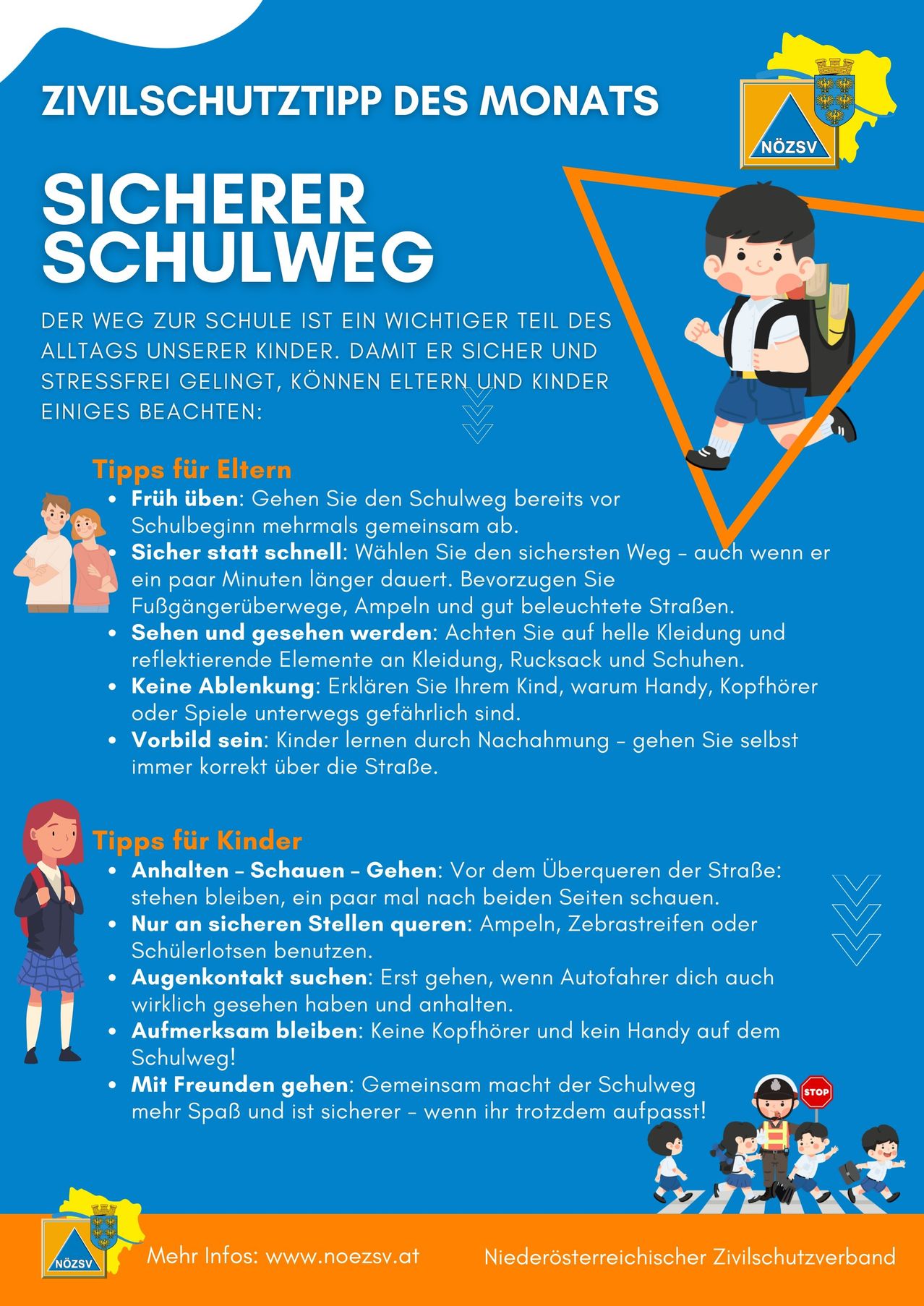 An infographic provides safety tips for children and parents for the school route. Tips include practicing the route, choosing safe paths, wearing reflective clothing, avoiding distractions, and setting a good example.
