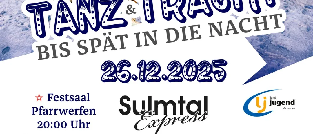 Plakat für ein Festival am 26.12.2025 mit Menschen in traditioneller Kleidung beim Tanzen. Es bietet einen speziellen Vorteil für Stefani und Stefan mit einem kostenlosen Getränk für jeden. Die Ticketpreise sind aufgeführt, und es gibt eine Überraschung für die größte Gruppe.