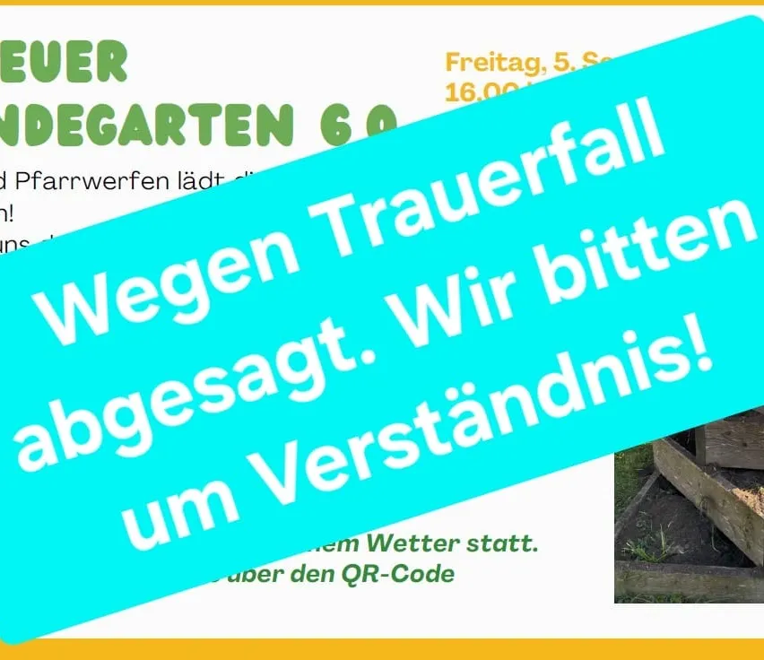 Werbung für einen Gartencenter am Freitag um 16 Uhr. Es wird darum gebeten, das Wetter zu überprüfen und den QR-Code zu verstehen.