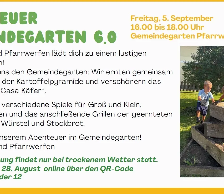 Freitag, 5. September, 16:00 bis 18:00 Uhr: Gemeinsame Kartoffelpyramide und Spielverschönerung im Gemeindegarten.