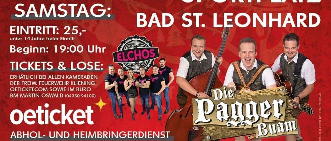 Plakat für Zeltfest-Veranstaltung. Es zeigt eine Band mit Musikern und ihren Instrumenten. Eintritt 25 Euro, unter 14 Jahren frei. Beginn um 19:00 Uhr. Tickets unter oeticket.com.