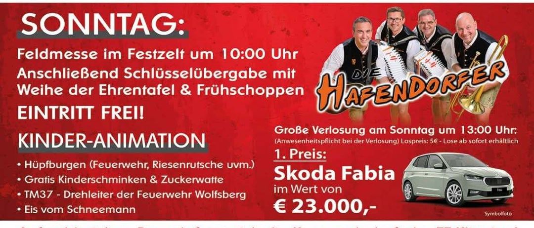 Plakat für das Zeltfest der Freiwilligen Feuerwehr Klienging mit einer Band auf der Bühne und einem Publikum. Die Veranstaltung findet am Samstag ab 19:00 Uhr statt und ist für Kinder unter 14 Jahren kostenlos. Am Sonntag gibt es eine Feldmesse und eine Zeremonie zur Verleihung von Ehrenurkunden.