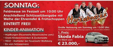 Plakat für das Zeltfest der Freiwilligen Feuerwehr Klienging mit einer Band auf der Bühne und einem Publikum. Die Veranstaltung findet am Samstag ab 19:00 Uhr statt und ist für Kinder unter 14 Jahren kostenlos. Am Sonntag gibt es eine Feldmesse und eine Zeremonie zur Verleihung von Ehrenurkunden.