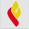 Ein Logo mit einer flammenähnlichen gelben Form und einer roten gebogenen Form auf der linken Seite.