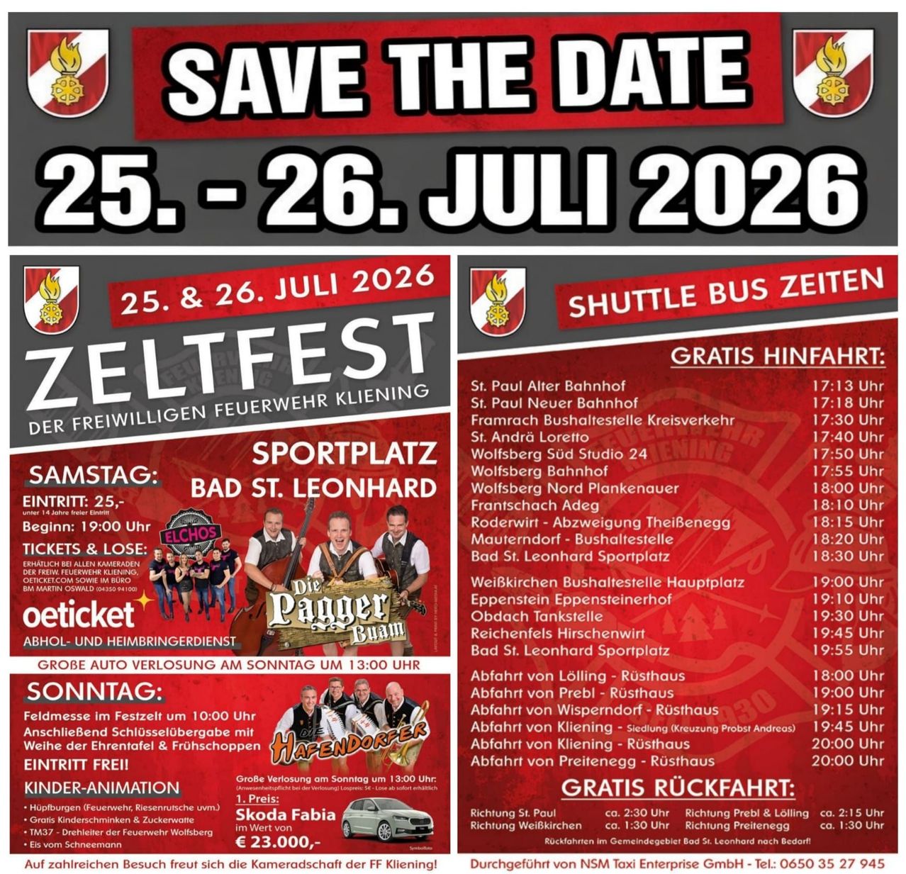 Plakat für das Zeltfest-Event am 25. und 26. Juli 2026. Shuttle-Bus-Zeiten und kostenlose Rückfahrt. Die Veranstaltung umfasst Musik, Essensstände und freien Eintritt. Autoparkplätze verfügbar.
