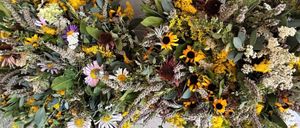 Eine Nahaufnahme von zwei kreisförmigen Blumenarrangements, bestehend aus einer Mischung von Sonnenblumen, Gänseblümchen und verschiedenen grünen Blättern, auf einem grauen Hintergrund angeordnet.