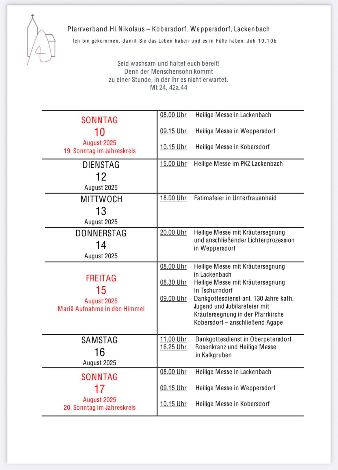 Das Bild zeigt einen wöchentlichen Zeitplan religiöser Veranstaltungen in deutschen Städten. Die Daten reichen von 10. bis 17. August 2025, mit heiligen Messen, Segnungen und Prozessionen aufgelistet.