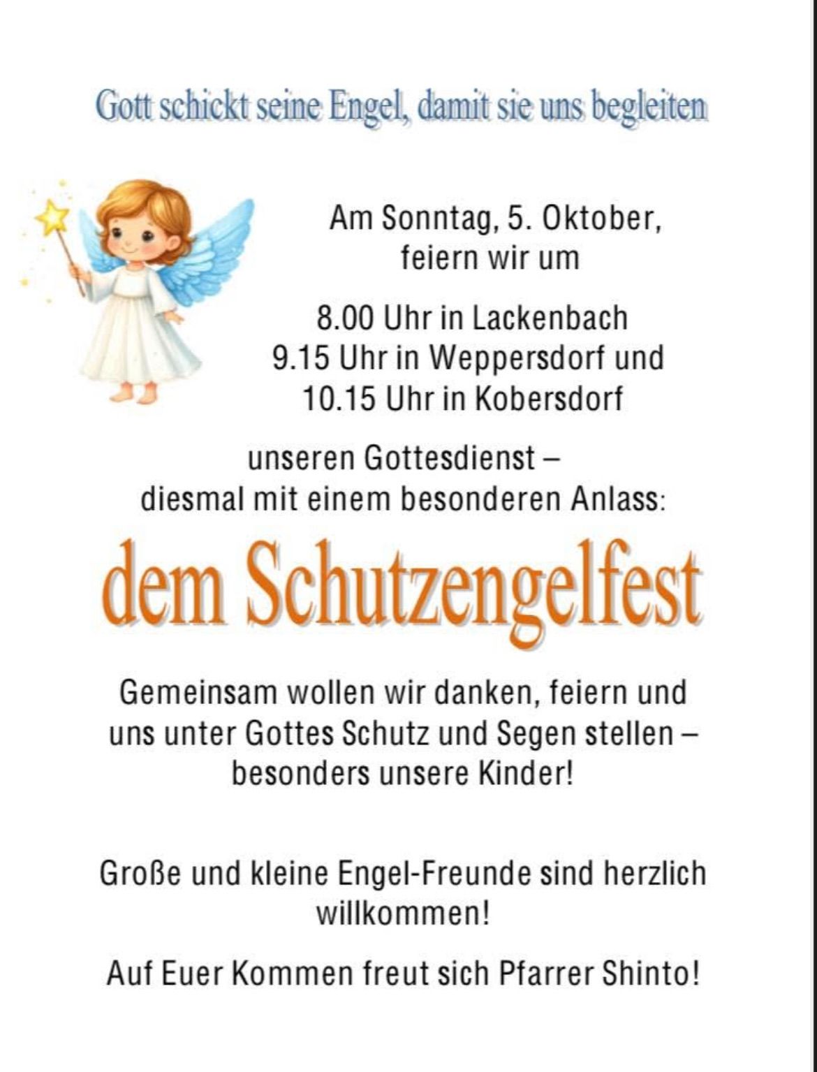 Ein Plakat mit einem Engel mit Flügeln und einem Zauberstab, das für einen Gottesdienst am Sonntag, 5. Oktober, zu verschiedenen Zeiten in verschiedenen Dörfern wirbt, thematisch rund um das Schutzengelfest.