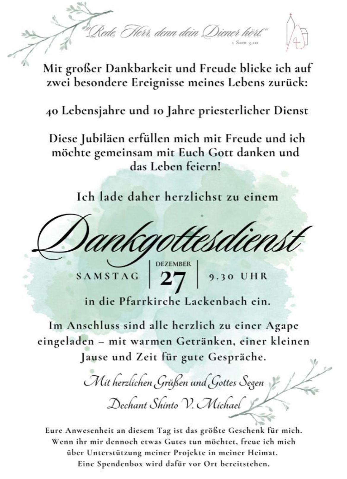 Eine Einladungskarte zur Feier eines Dankgottesdienstes am 27. Dezember um 9:30 Uhr in der Pfarrkirche Lackenbach. Die Karte enthält herzliche Wünsche zum 40. Geburtstag und 10 Jahren priesterlichen Dienst des Eingeladenen.