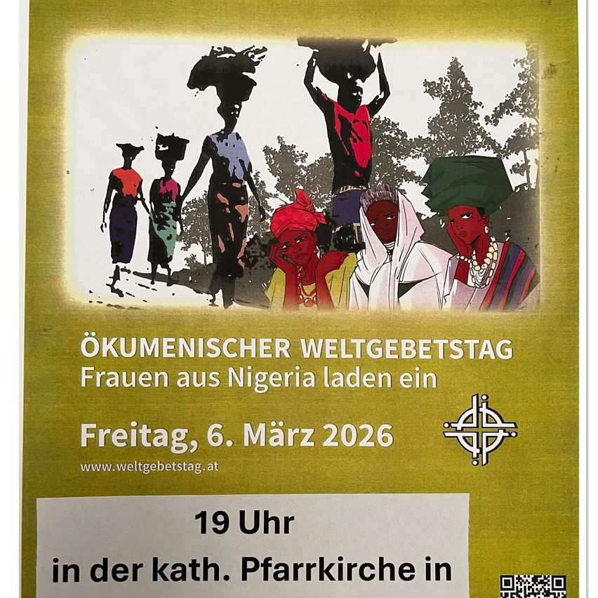 Plakat für den ökumenischen Gebetstag. Frauen aus Nigeria sind abgebildet, wie sie eine Last tragen. Die Veranstaltung findet am Freitag, 6. März 2026, um 19 Uhr in der katholischen Kirche statt.