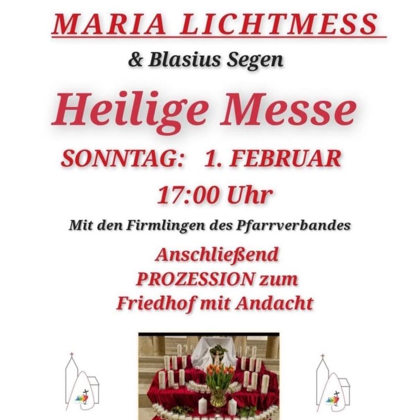 Plakat für Maria Lichtmess und Blasius Segen. Heilige Messe am Sonntag, 1. Februar, 17:00 Uhr. Anschließend Prozession zum Friedhof. Bild von Kerzen auf einem Altar.