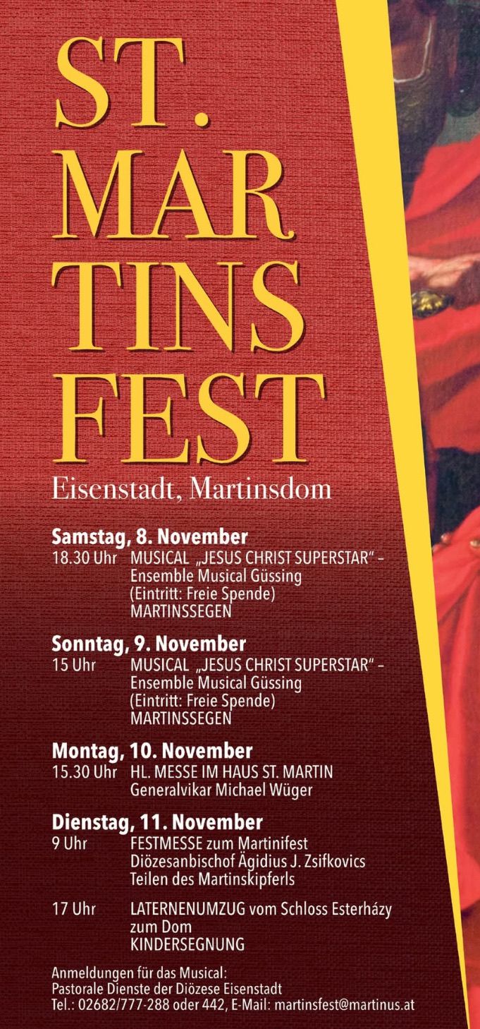 Poster for Tins Fest in Eisenstadt, Martinsdom. Musical 'Jesus Christ Superstar' by Ensemble Musical Gussing on November 8 at 18:30, November 9 at 15:00, and November 10 at 15:30. Free admission.