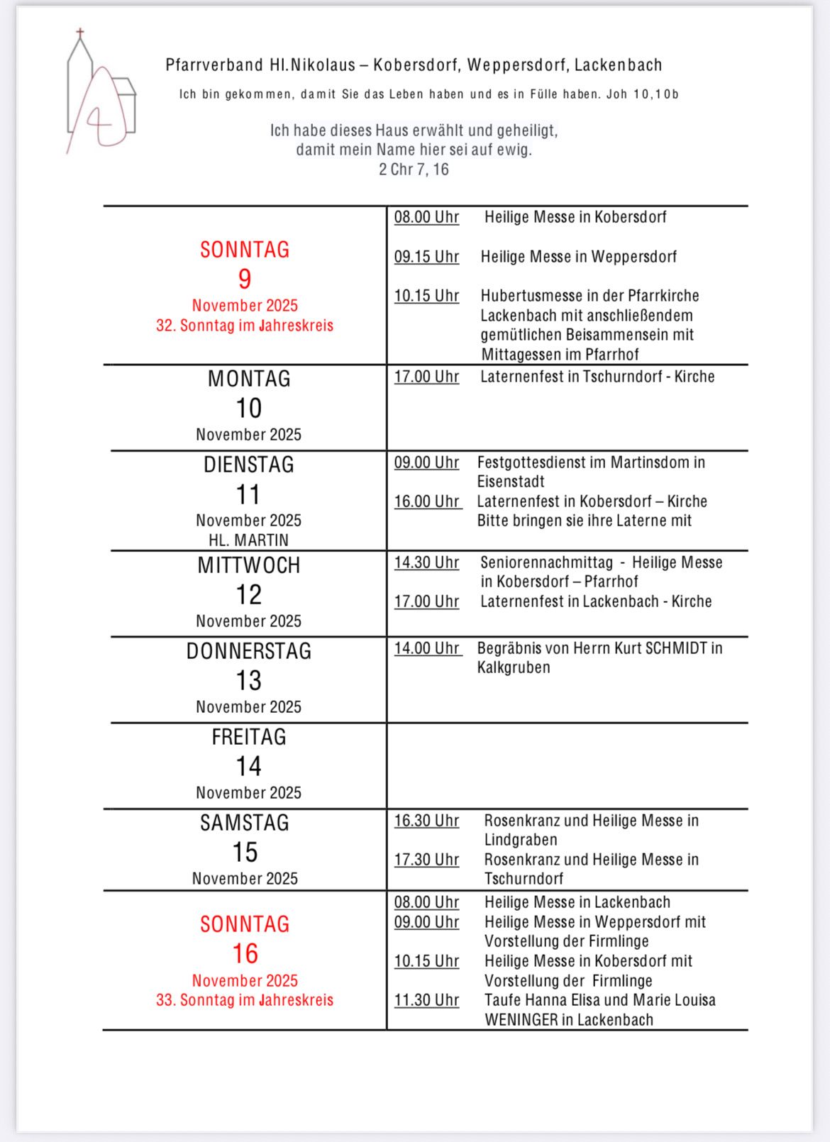 A weekly schedule with dates from November 9 to 16, 2025, listing times and locations for various religious services and events. The schedule includes Holy Masses, Hubertus Mass, and various festivals.