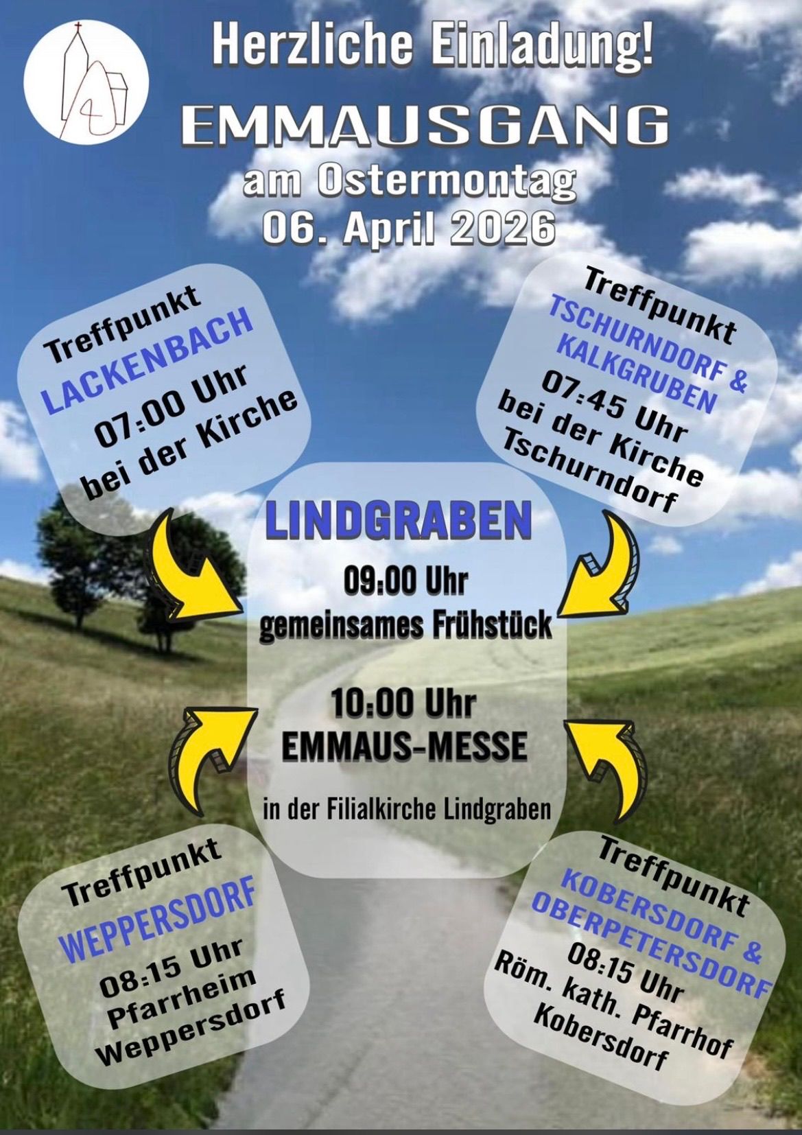 Plakat für eine Veranstaltung am Ostermontag, 6. April 2026, mit Treffpunkten und Zeiten an verschiedenen Orten, darunter Lachenbach, Kalgruben und Oberpetersdorf.