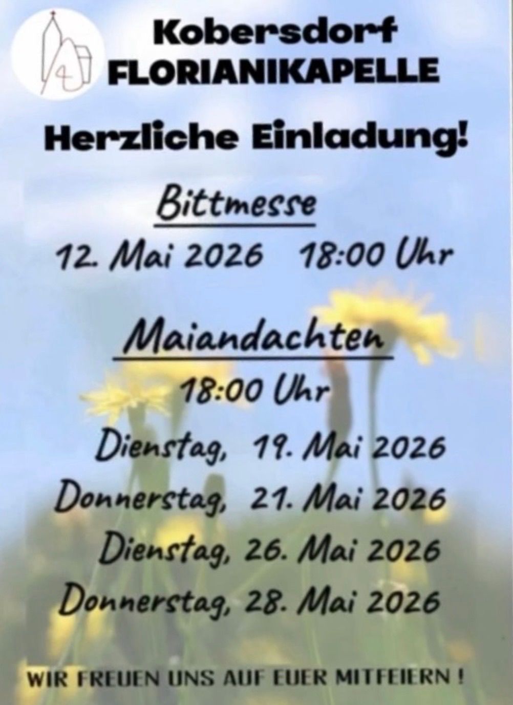 Eine Einladung für eine Veranstaltung im Mai am 12. Mai 2026 um 18:00 Uhr. Weitere Veranstaltungen sind am 19., 21., 26. und 28. Mai 2026. Alle Veranstaltungen beginnen um 18:00 Uhr.