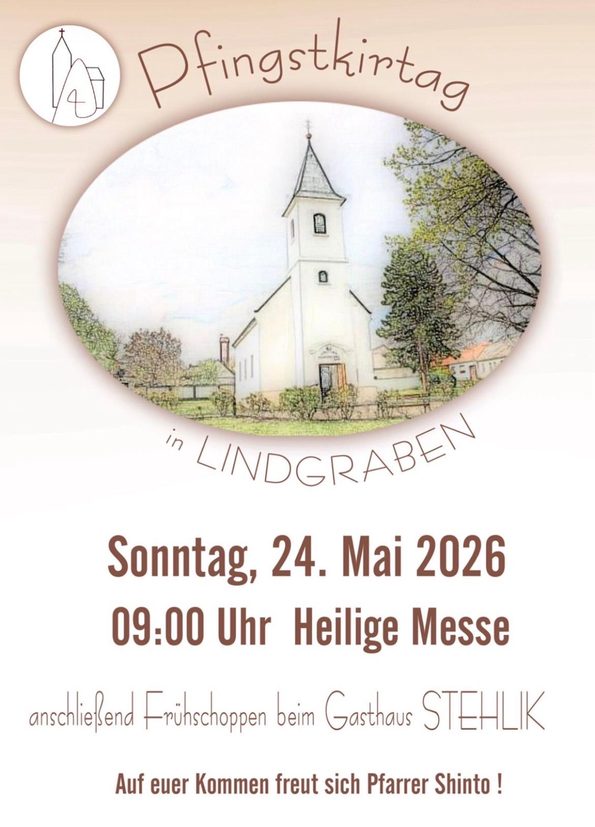 Ein Plakat für eine Kirche in Lindgraben, Deutschland, das eine weiße Kirche und Bäume zeigt, mit dem Datum und der Uhrzeit einer Heiligen Messe darunter geschrieben.