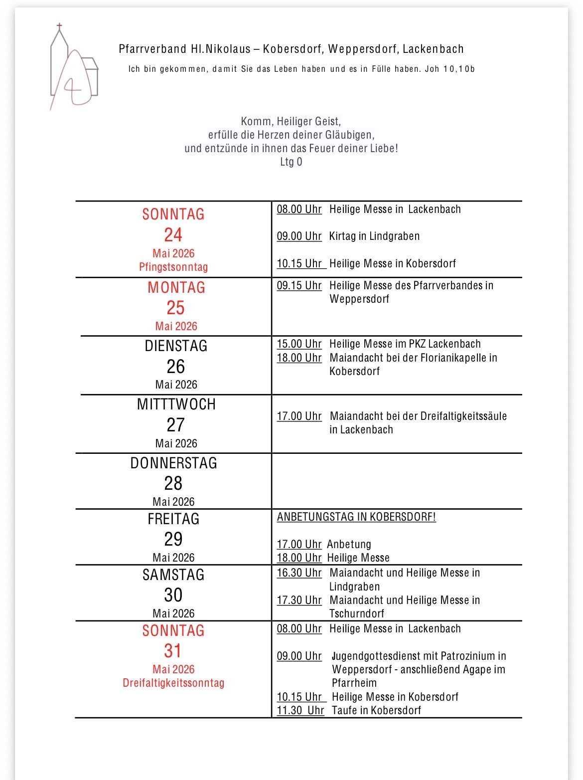 Das Bild zeigt einen Wochenplan mit Zeiten und Orten religiöser Gottesdienste im Mai 2026. Es listet Tage, Zeiten und Veranstaltungen wie Messen und Gebetsdienste auf.