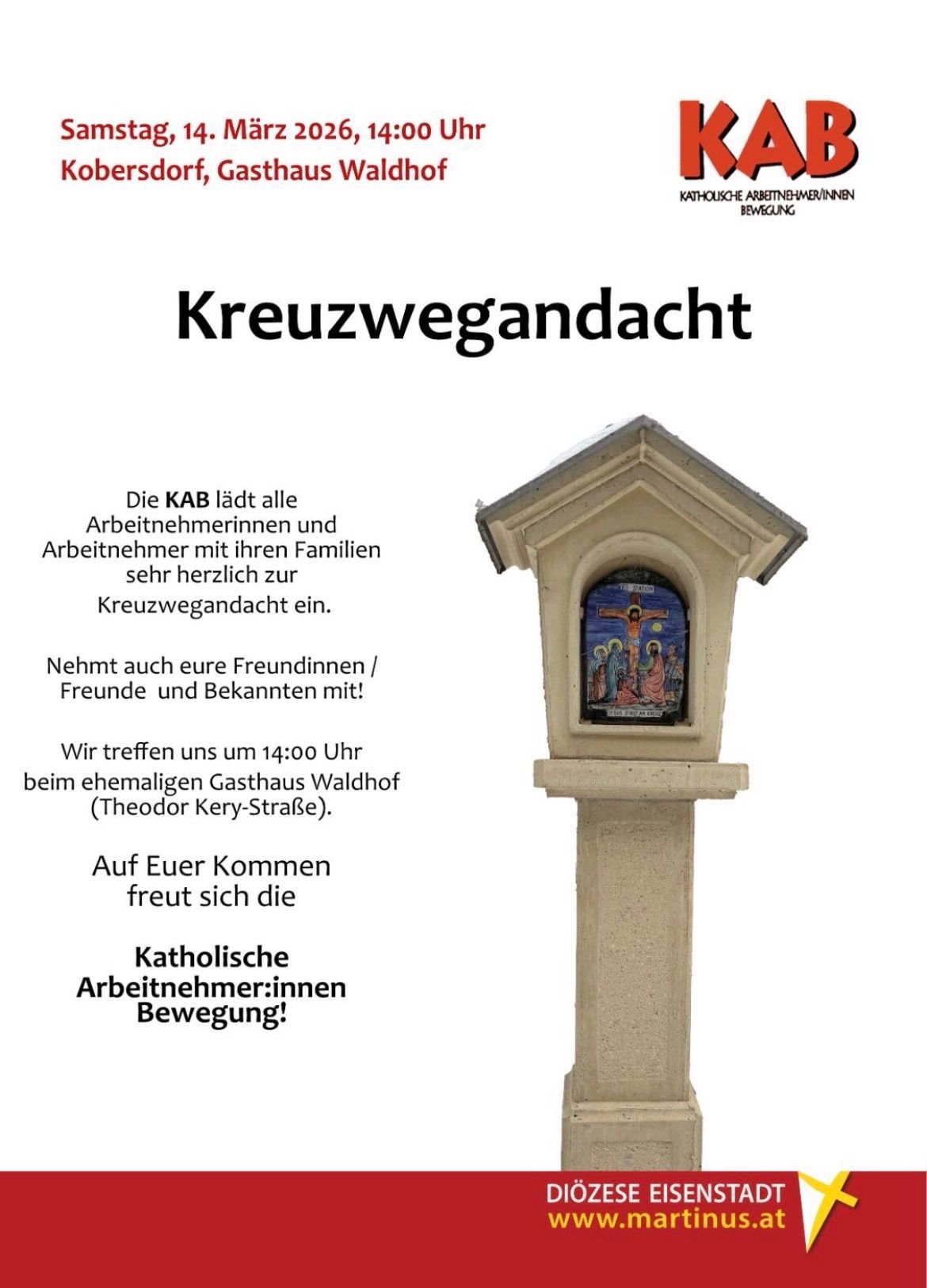A poster invites all employees and their families to a Kreuzwegandacht at 14:00 at the former Gasthaus Waldhof (Theodor Kery-Strasse). Friends and acquaintances are also welcome. The poster features a small chapel with a religious painting.