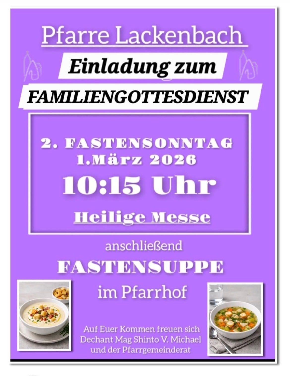 Ein Plakat lädt zu einem Familiengottesdienst am zweiten Fastensonntag, 1. März 2026, um 10:15 Uhr ein, gefolgt von einer Fastensuppe im Pfarrhof.