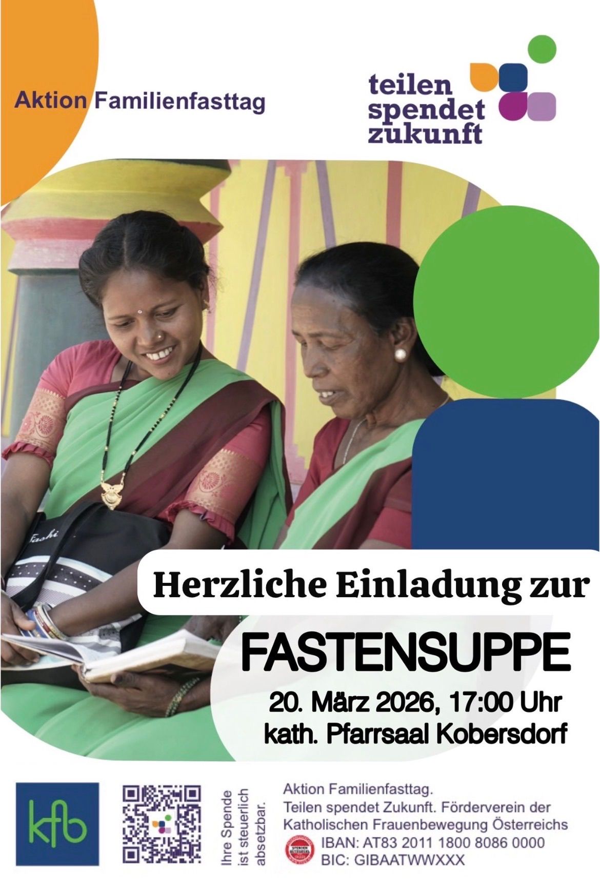 Zwei Frauen sitzen lächelnd zusammen. Eine liest ein Buch, die andere schaut zu. Dahinter ein bunter Hintergrund. Eine Einladung für 'FASTENSUPPE' am 20. März 2026 um 17:00 Uhr.