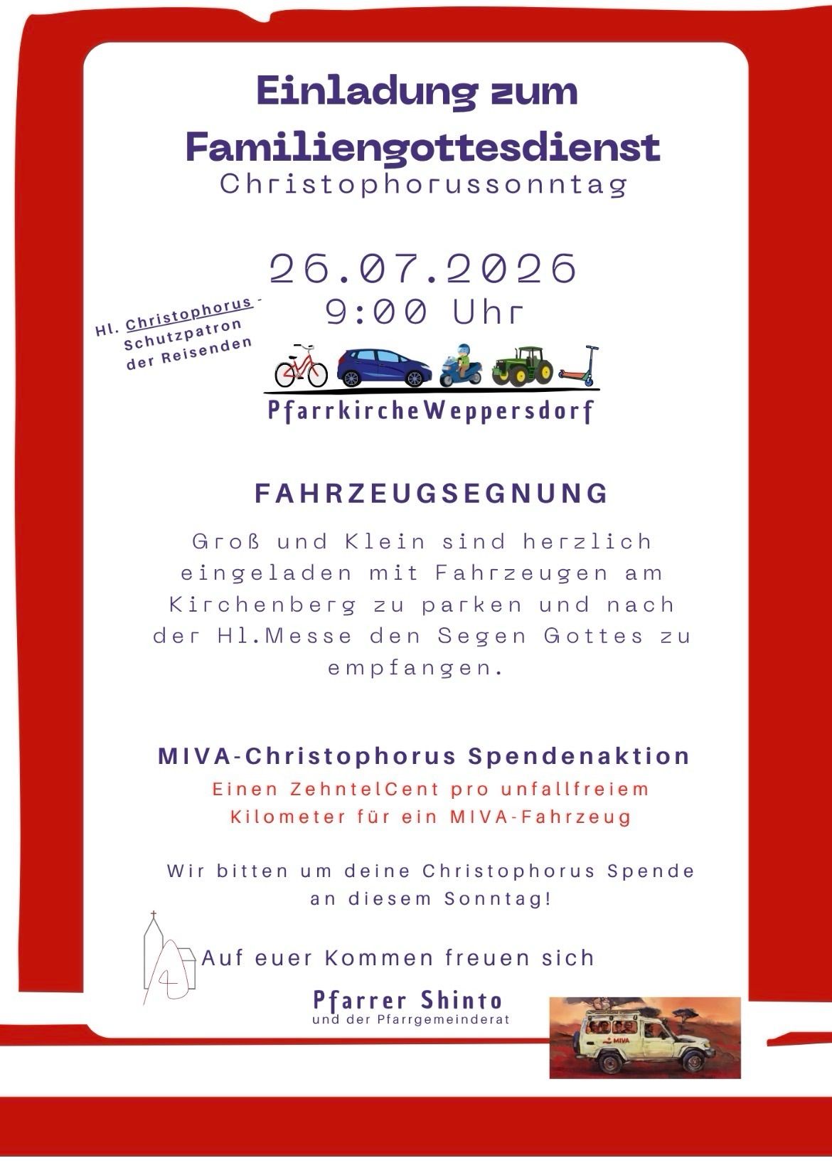 Plakat für den Christophorus-Sonntag am 26.07.2026 um 9:00 Uhr. Es lädt ein, Fahrzeuge zum Kirchenberg zu bringen, um nach der Heiligen Messe gesegnet zu werden. Es wirbt auch für eine Spendenaktion für ein MIVA-Fahrzeug.