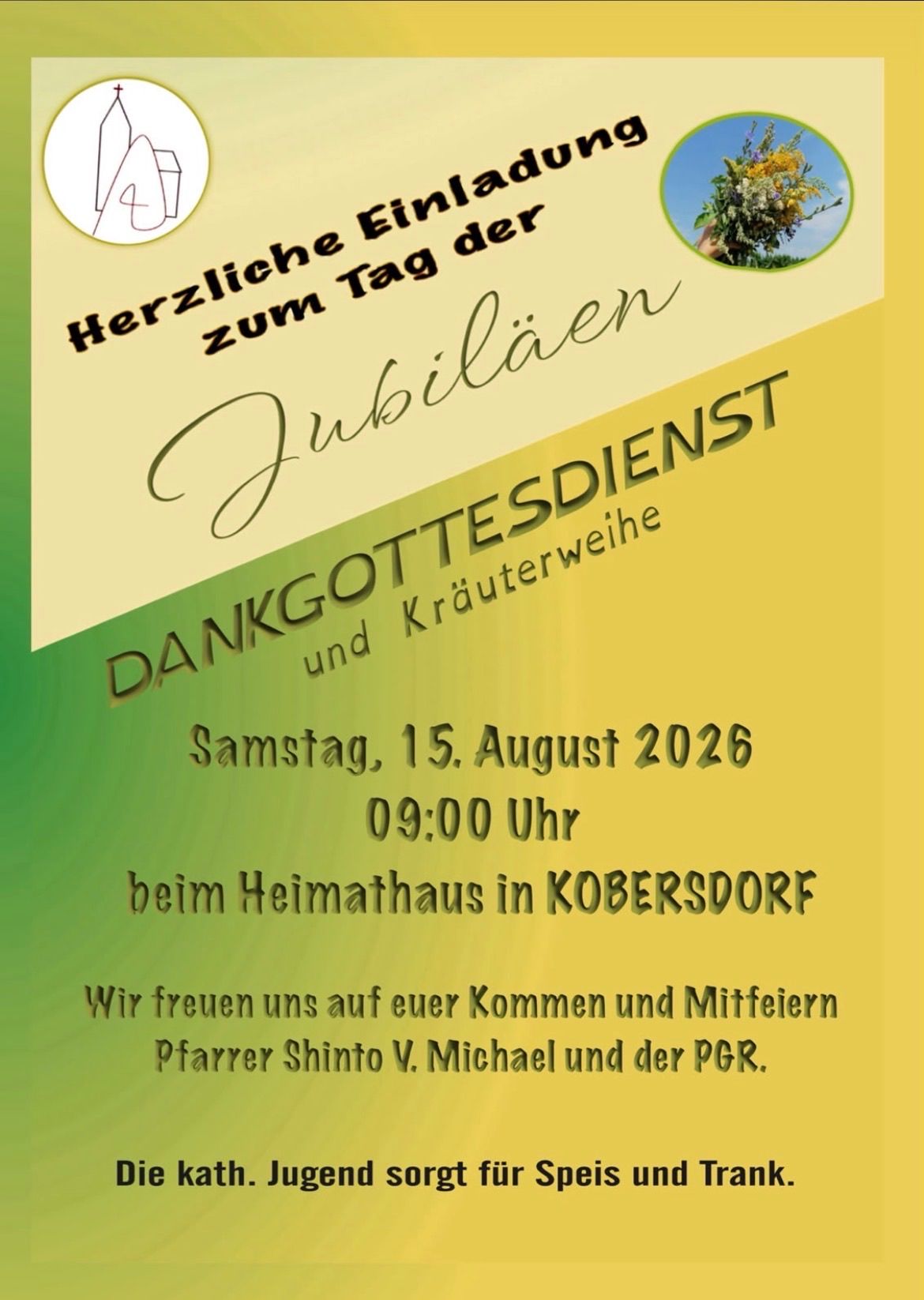 Poster for a religious service and herbal workshop on August 15, 2026, at 9:00 AM, hosted by Pfarrer Shinto V. Michael in Kobersdorf.