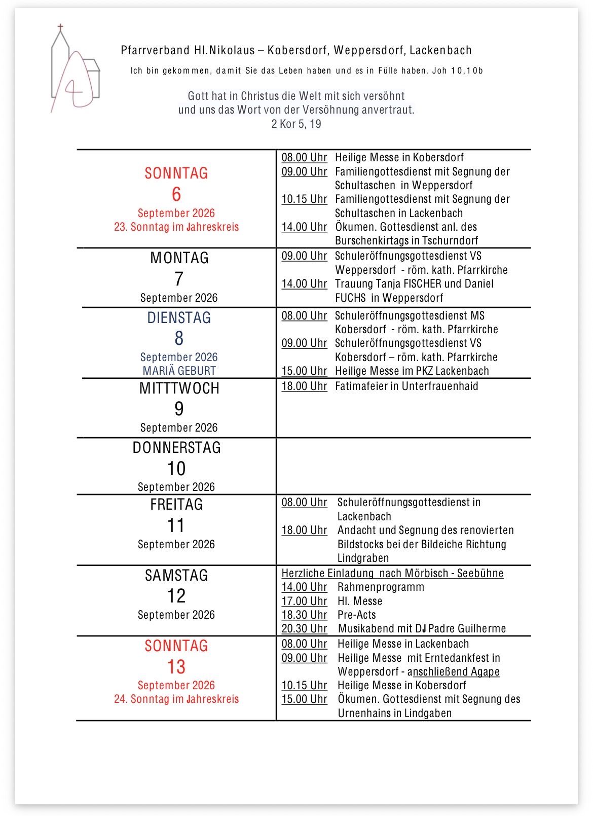Ein wöchentlicher Zeitplan für September 2026, der verschiedene Gottesdienste und Veranstaltungen an verschiedenen Tagen auflistet. Die Tage sind mit ihren entsprechenden Nummern und Daten beschriftet.