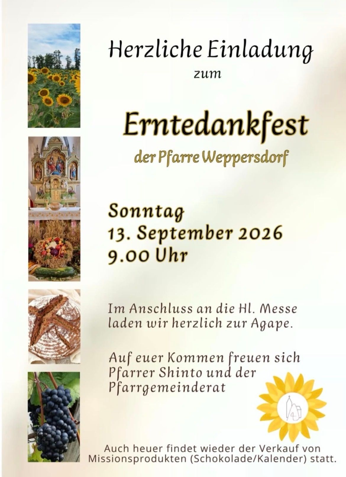 Plakat für das Erntedankfest der Pfarre Weppersdorf am 13. September 2026 um 9:00 Uhr. Zeigt Bilder von Sonnenblumen, einem Kirchenaltar, Brot und Trauben.