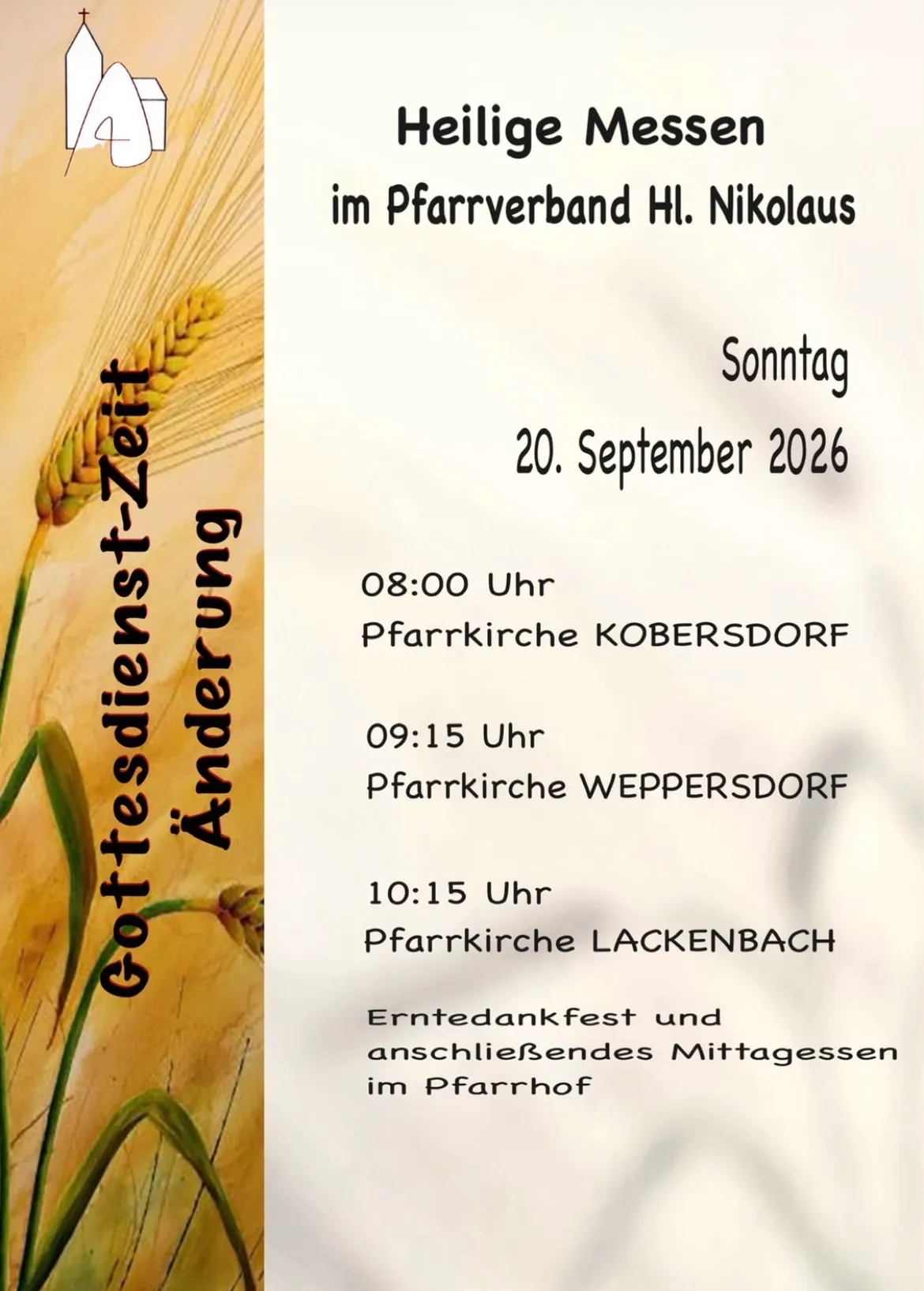 Ein Plakat mit einem Weizenbild auf der linken Seite und Text über ein Erntedankfest auf der rechten Seite. Der Text enthält Termine und Orte von Veranstaltungen.