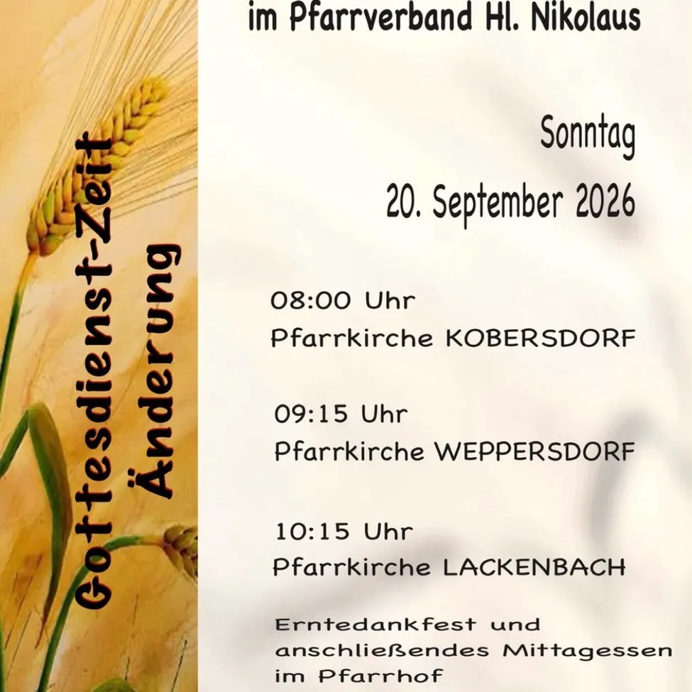 Ein Plakat mit einem Weizenbild auf der linken Seite und Text über ein Erntedankfest auf der rechten Seite. Der Text enthält Termine und Orte von Veranstaltungen.