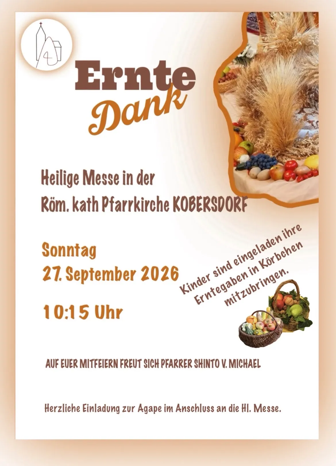 Plakat für ein Erntedankfest in der katholischen Kirche Kobersdorf am 27. September 2026 mit einem Korb voller Obst und Gemüse.