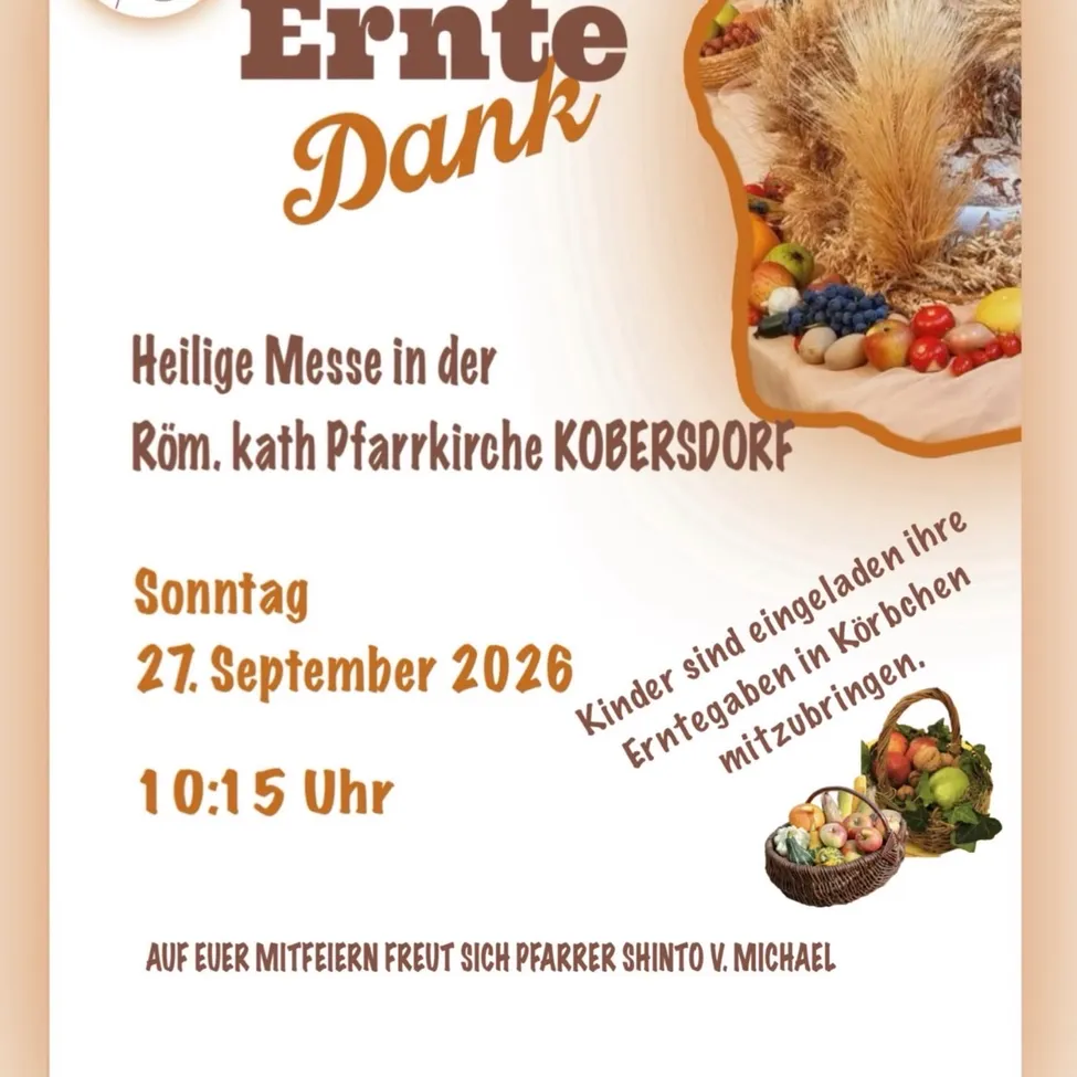 Plakat für ein Erntedankfest in der katholischen Kirche Kobersdorf am 27. September 2026 mit einem Korb voller Obst und Gemüse.