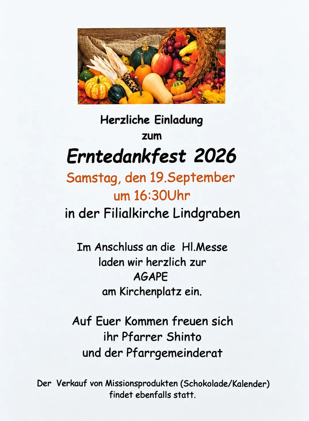 Plakat für das Erntedankfest 2026 mit einem Korb voller Herbstgemüse und Früchte. Das Fest findet am Samstag, 19. September, um 16:30 Uhr in der Filialkirche Lindgraben statt.
