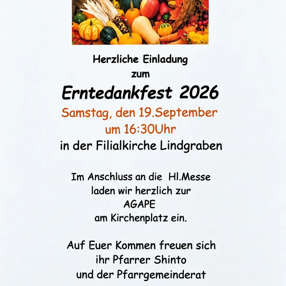 Plakat für das Erntedankfest 2026 mit einem Korb voller Herbstgemüse und Früchte. Das Fest findet am Samstag, 19. September, um 16:30 Uhr in der Filialkirche Lindgraben statt.