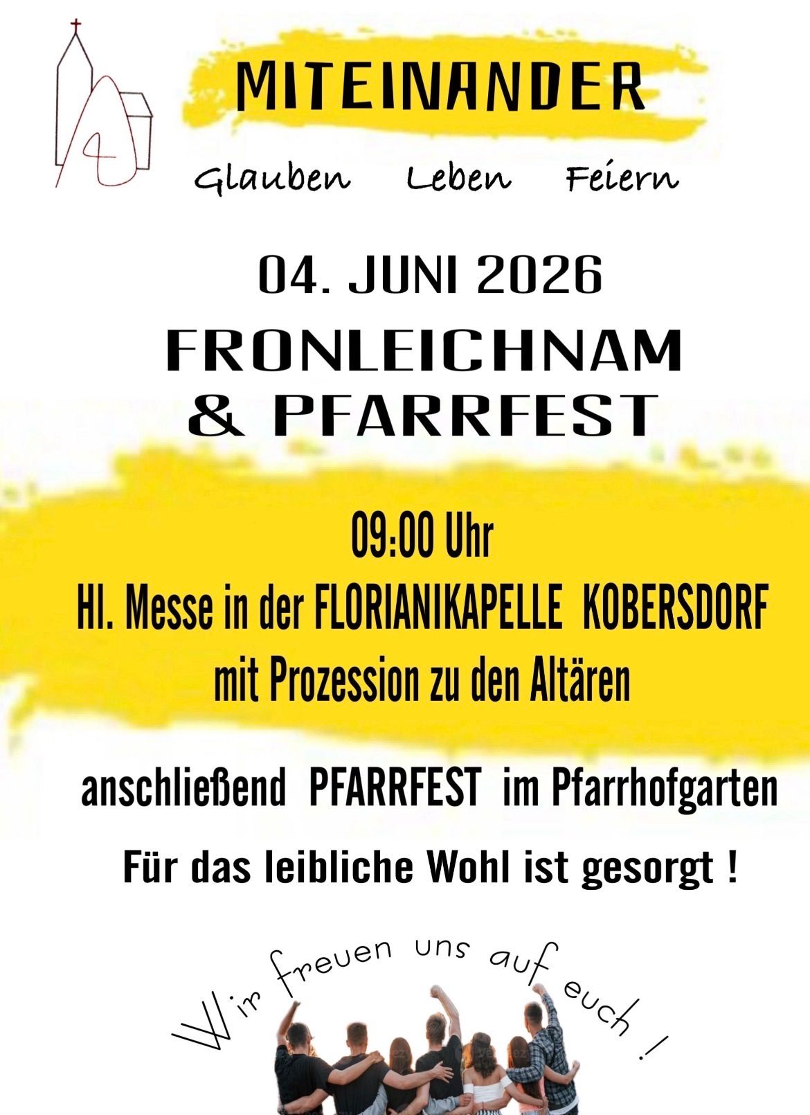 An event called Fronleichnam and Pfarrfest is scheduled for June 4, 2026. The event will begin at 9:00 AM with a Holy Mass at the Florianikapelle in Kobersdor. After the mass, there will be a procession to the altars and a Pfarrfest in the Pfarrhof garden.