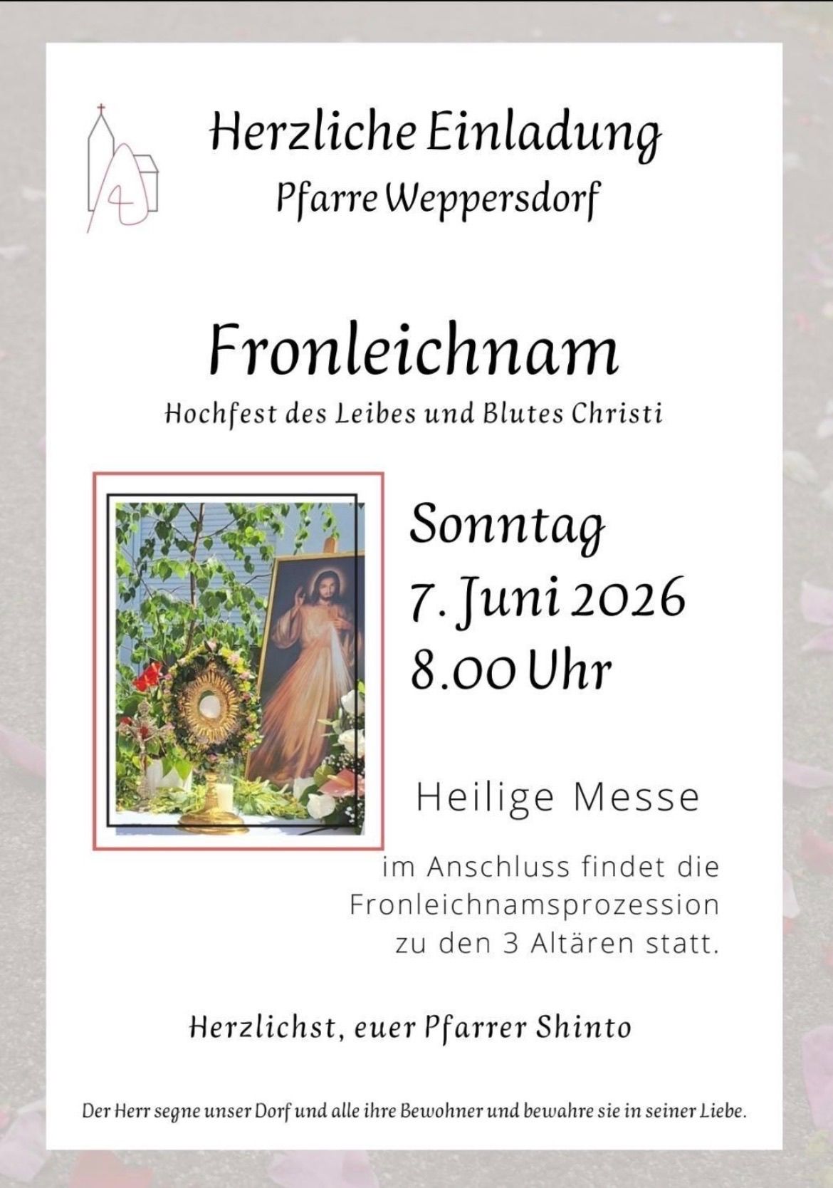 Poster for Fronleichnam, a Christian feast, with a religious image, date of June 7, 2026, and time of 8:00 AM. It mentions a Holy Mass and procession.