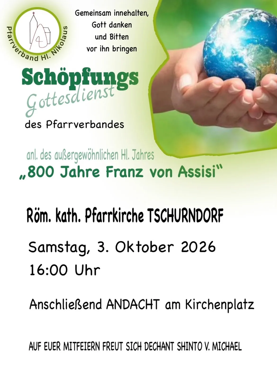 Plakat für einen Gottesdienst zum Gedenken an 800 Jahre Franz von Assisi, am 3. Oktober 2026 um 16:00 Uhr in der katholischen Pfarrkirche Tschurndorf.