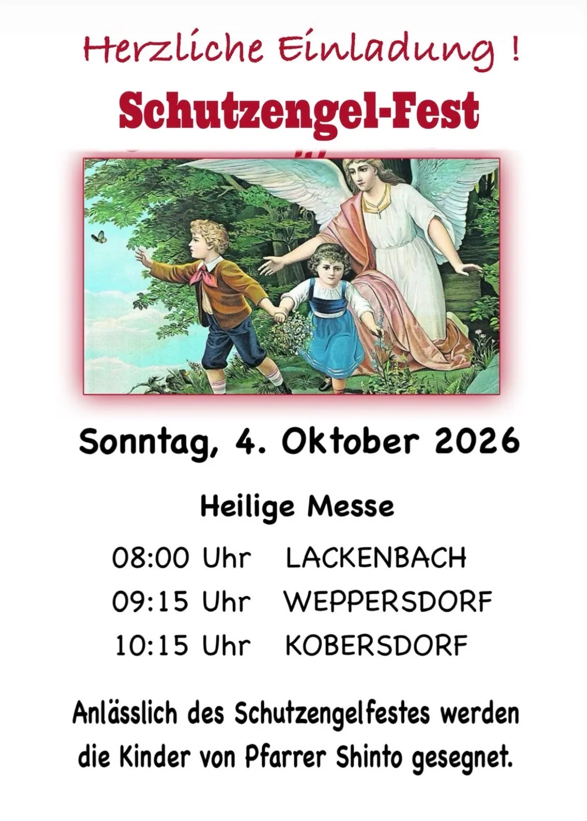 Ein Plakat für eine religiöse Veranstaltung am 4. Oktober 2026 mit einem Engel und zwei Kindern. Das Plakat enthält Zeiten und Orte für die Veranstaltung.