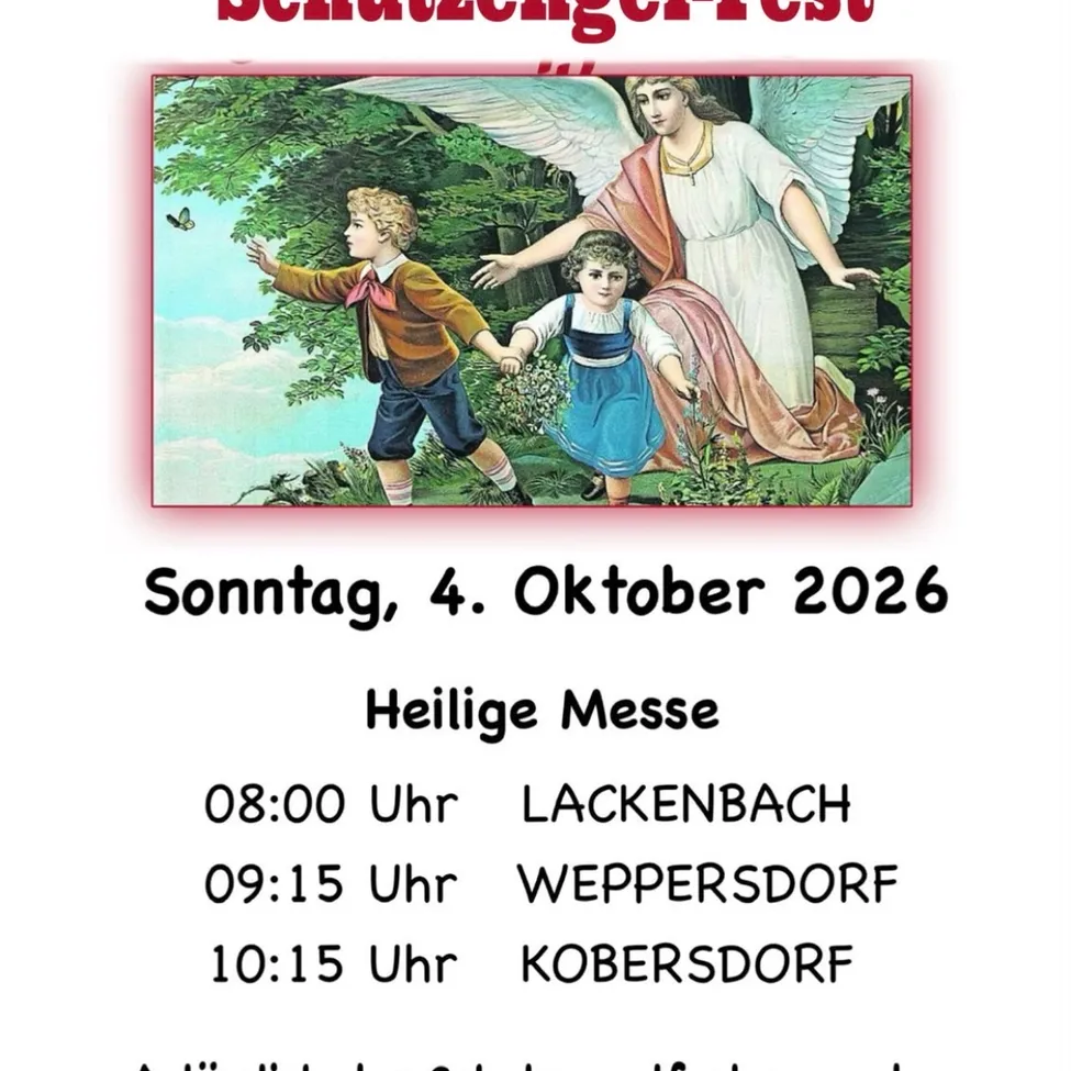 Ein Plakat für eine religiöse Veranstaltung am 4. Oktober 2026 mit einem Engel und zwei Kindern. Das Plakat enthält Zeiten und Orte für die Veranstaltung.