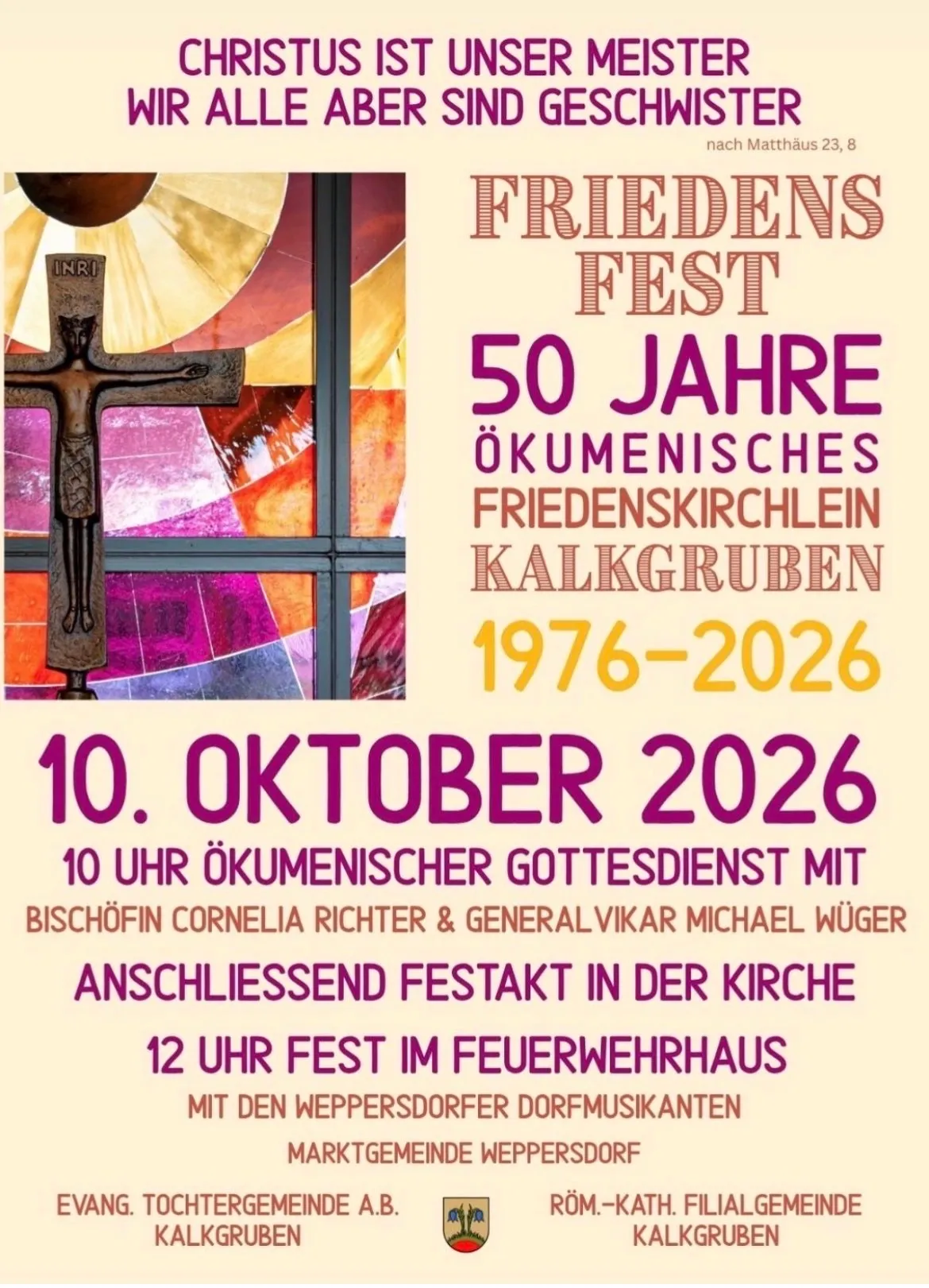 Ein Plakat für eine religiöse Veranstaltung mit dem Titel 'Friedens Fest', die 50 Jahre der Ökumenischen Friedenskirche in Kalkgruben feiert.