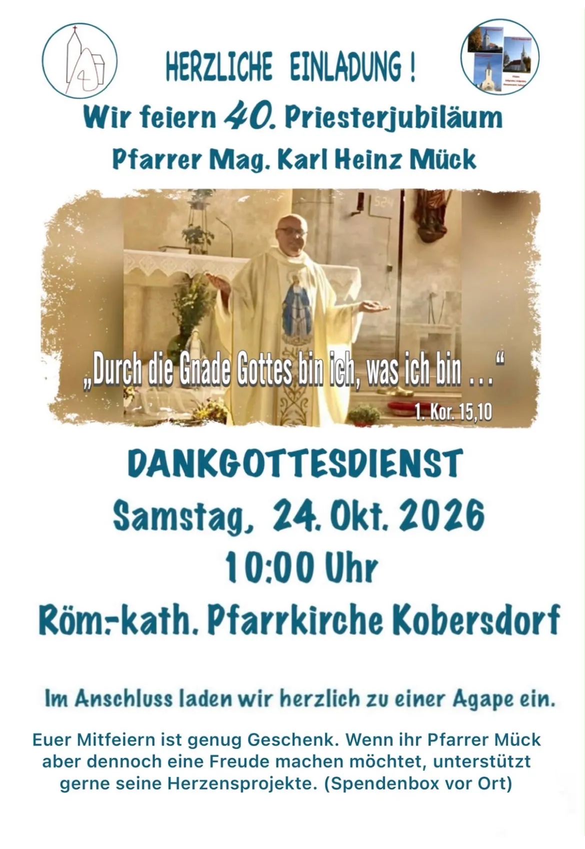 Ein Plakat für eine religiöse Veranstaltung mit einem Priester vor einem Altar.
