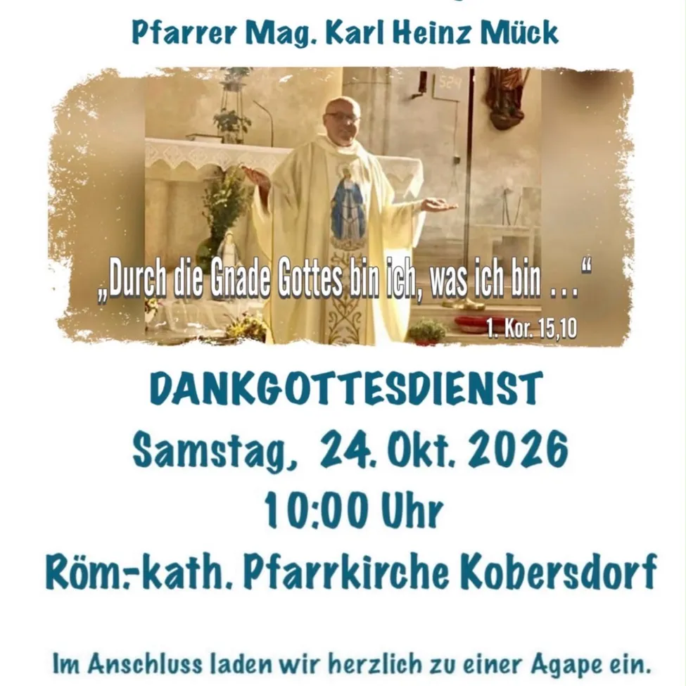 Ein Plakat für eine religiöse Veranstaltung mit einem Priester vor einem Altar.