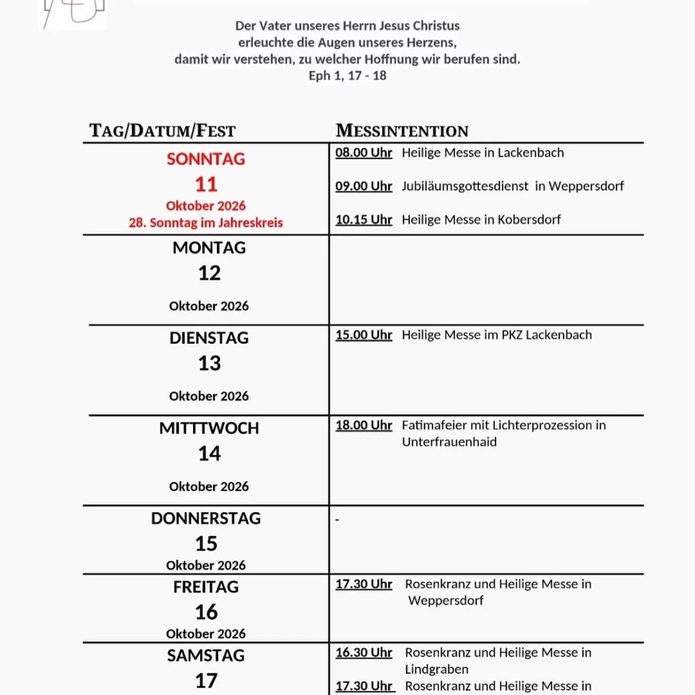 Ein Dokument mit einem Zeitplan für religiöse Veranstaltungen auf Deutsch. Die Veranstaltungen sind mit Datum und Uhrzeit aufgeführt und beinhalten Messen, eine Jubiläumsmesse und eine Lichterprozession.