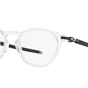Ein Paar Oakley-Brillen mit klarer Fassung und schwarzen Details vor schwarzem Hintergrund.