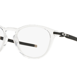 Ein Paar Oakley-Brillen mit klarer Fassung und schwarzen Details vor schwarzem Hintergrund.