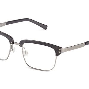 Ein Paar Brille mit schwarzen Rahmen und klaren Gläsern wird auf einem weißen Hintergrund gezeigt. Die Gläser sind rechteckig, und der Rahmen ist leicht gebogen.