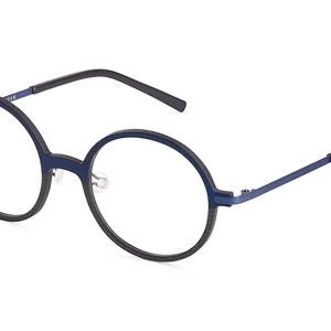 Ein Paar blauer Brille mit klaren Gläsern auf einem weißen Hintergrund. Der Rahmen ist leicht gebogen und die Gläser sind rund.