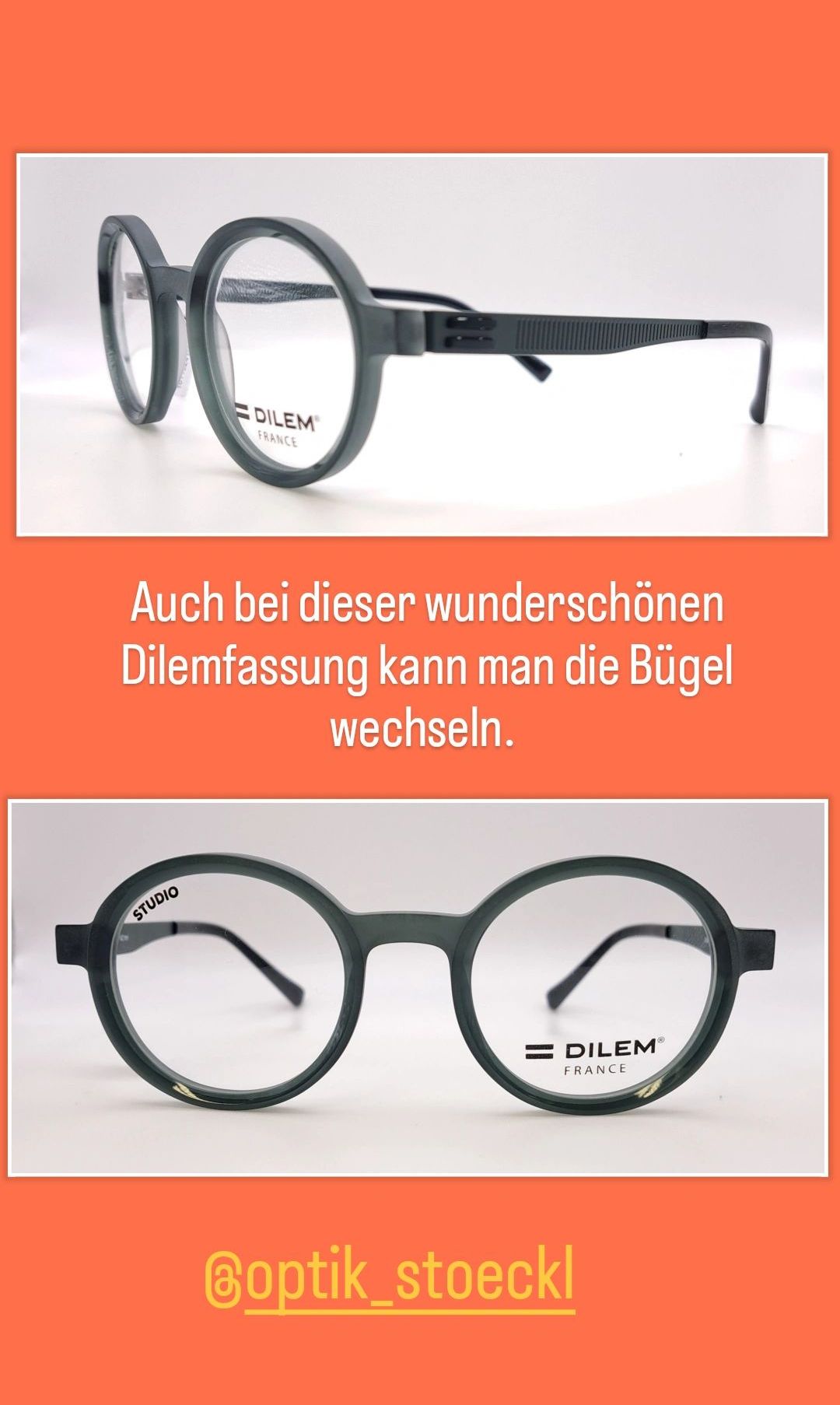 Ein Paar schwarze Brille mit einem Metallrahmen und der Marke Dilem France auf dem Bügel. Unter den Brillen steht ein deutscher Text, der lautet: 'Auch bei dieser wunderschönen Dilemfassung kann man die Bügel wechseln.'